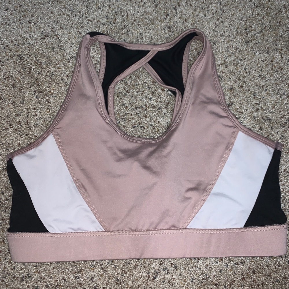 Black, white, and beige sports bra